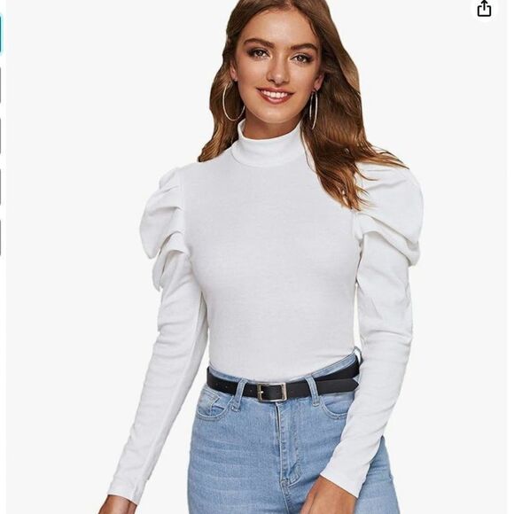 SHEIN Tops - Shein Women's Elegant Puff Sleeve Mock Neck Top